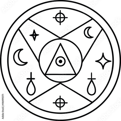 Spooky Halloween Ritual Circle Line Art Mystical Symbols and Geometric Shapes