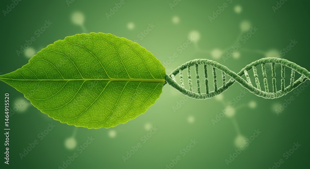 Fototapeta premium Green Leaf and DNA Double Helix on Green Background