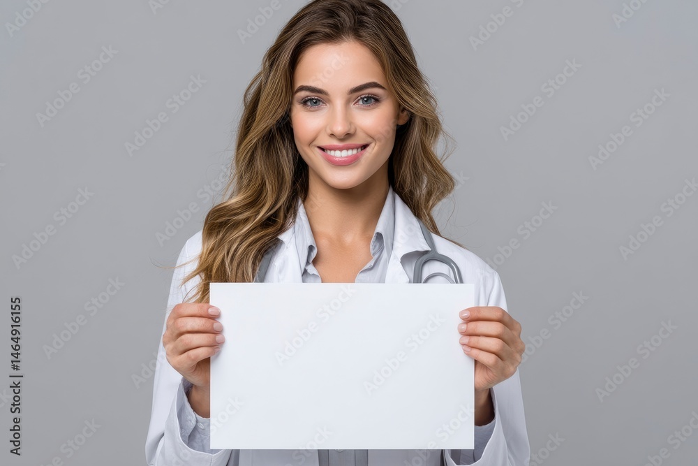 Naklejka premium Smiling Doctor Holding Blank Sign: Professional Healthcare Image