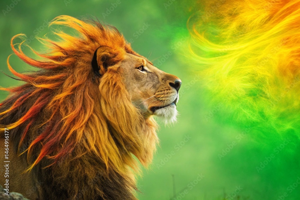 Naklejka premium The lion's dreadlocks flowed like fiery rivers, as he posed against a backdrop of bright green and yellow - generated by ai