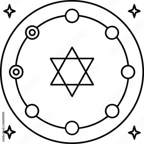 Spooky Halloween Ritual Circle Minimal Line Art with Mystical Symbols and Geometric Shapes