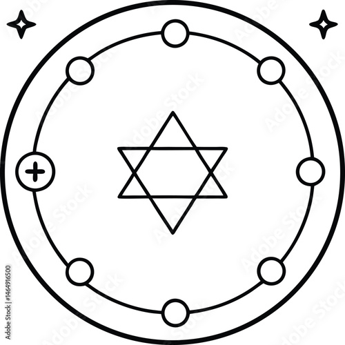Spooky Halloween Ritual Circle Minimal Line Art with Mystical Symbols and Geometric Shapes