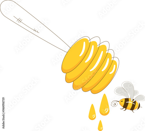 Cartoon Honey Dipper with Bee Illustration. Bees vector illustration.