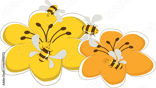 Cartoon Bees with Yellow Flowers Illustration. Bees vector illustration.