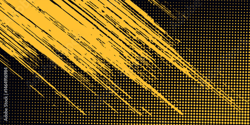Black and yellow abstract background with brush stroke and halftone style. abstract grunge
