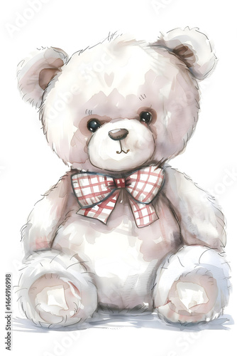 White teddy bear with bow tie on white background
