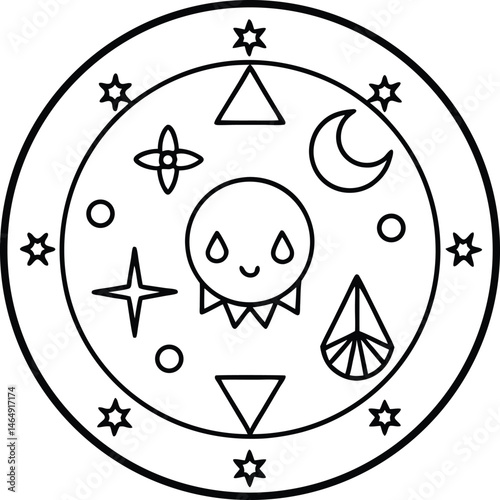 Spooky Halloween Ritual Circle Line Art Mystical Symbols and Geometric Shapes