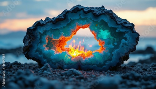 Fractured geode reveals swirling aquamarine crystals, glowing internally on dark grey sand.