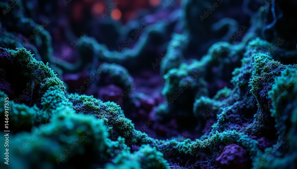 Obraz premium Bioluminescent moss intertwines with circuits in a dark lab, glowing teal against obsidian rock.