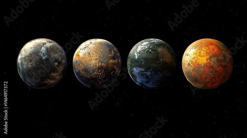 Four celestial bodies in space with varying textures and colors.