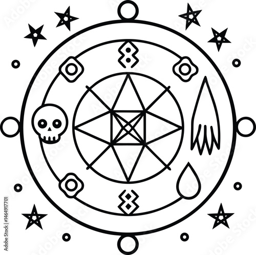 Spooky Halloween Ritual Circle Line Art Mystical Symbols and Geometric Shapes