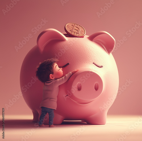 a boy hugs a large piggy bank, golden coin, saving finances