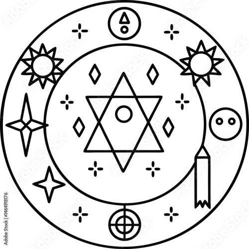Spooky Halloween Ritual Circle Line Art Mystical Symbols and Geometric Shapes