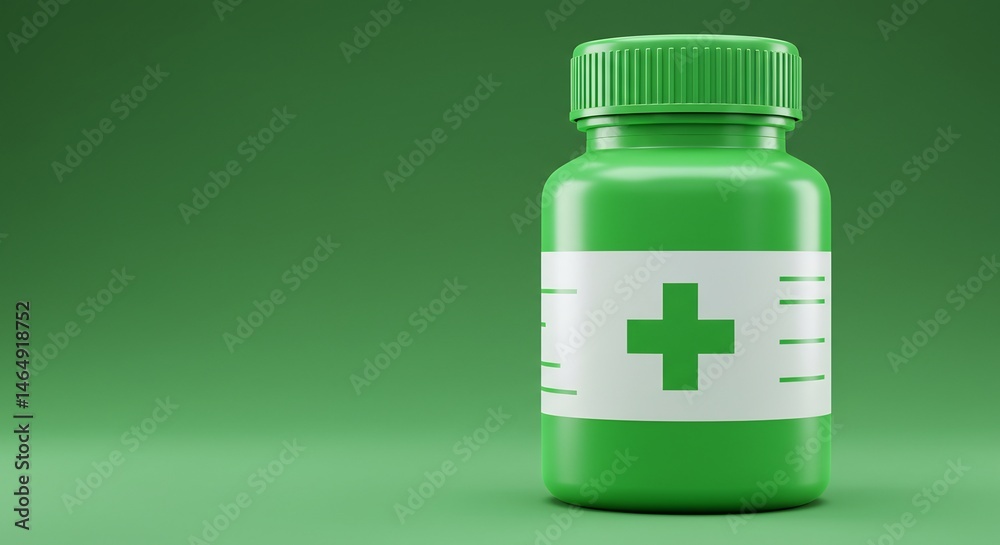 Obraz premium Green Plastic Pill Bottle with White Cross Label on Green Background