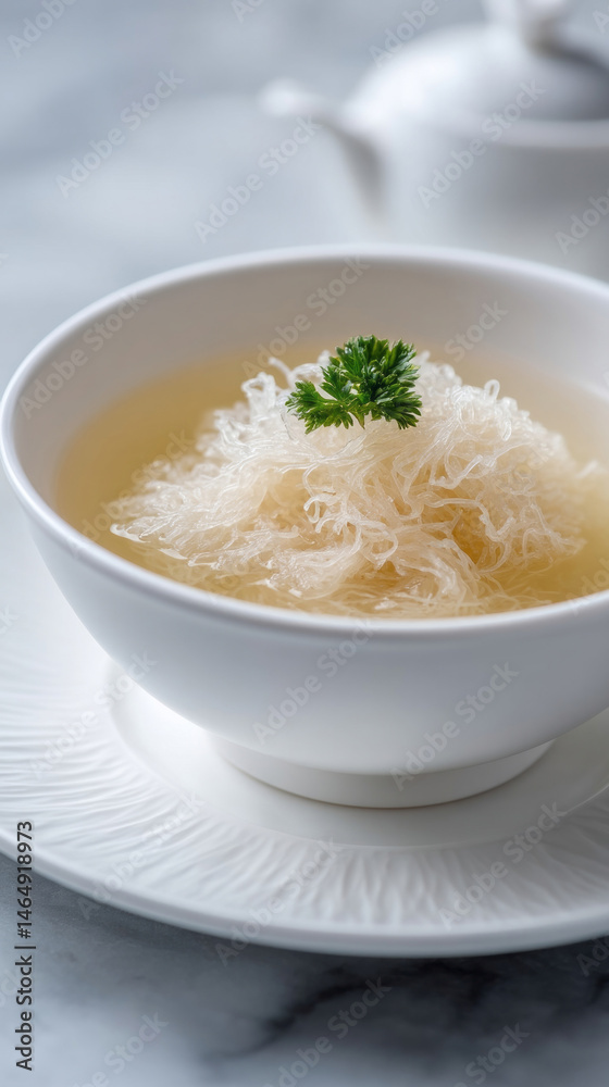 Delicate bird's nest soup crowned with lush parsley, Chinese New Year delicacy, ethereal flavors celebrating health and prosperity Delicate bird's nest soup crowned with lush parsley, Chinese New Year delicacy, ethereal flavors celebrating health and prosperity