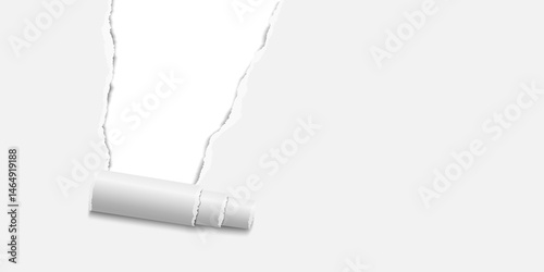 Torn window made of sheet of white paper with curl and white background under it. Template paper design.