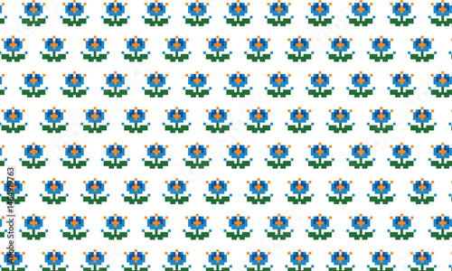 Flower pixel pattern blue seamless ornament for textile, fabric, cards, interior, paper decoration