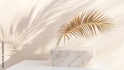 Golden palm leaf on marble pedestal