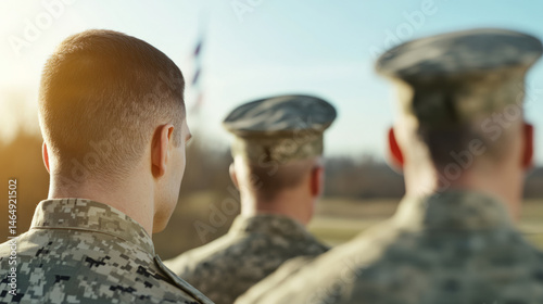 A trio of soldiers gaze at a golden horizon, honoring Veterans Day, embodying unity, resilience, and camaraderie