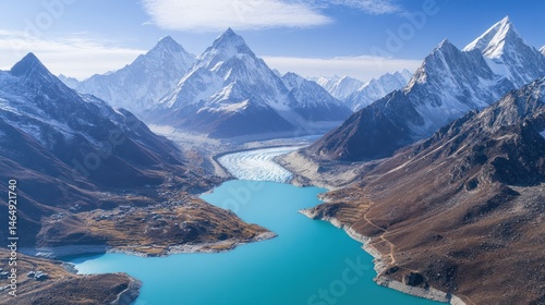 High-altitude alpine lake nestled amidst snow-capped peaks