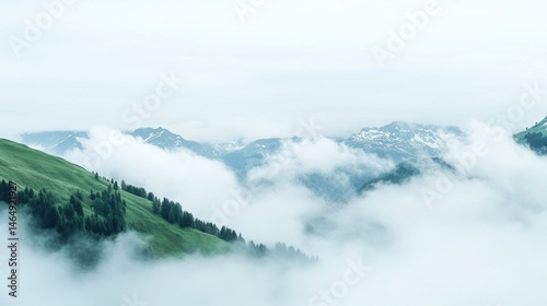 Misty mountain vista Lush green hills covered in fog