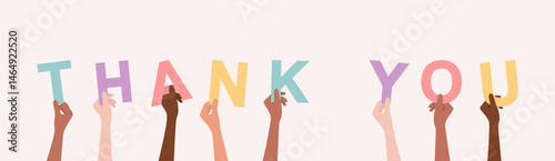 Hands of people of different nationalities and skin tones holding up multicolored letters forming phrase "thank you". Flat vector illustration
