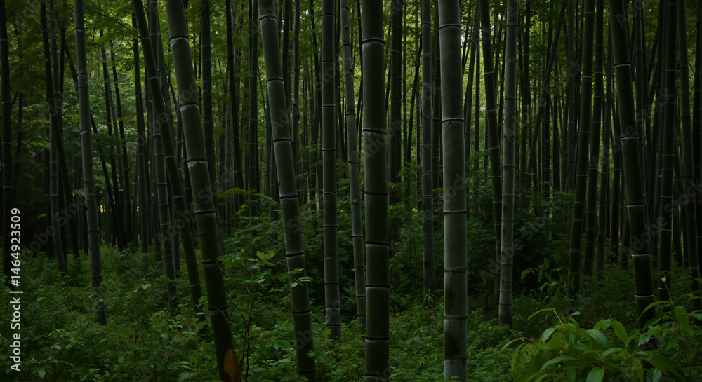 Fototapeta premium Lush green bamboo forest with thick undergrowth
