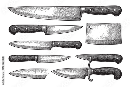 knife set woodcut engraving vector illustration