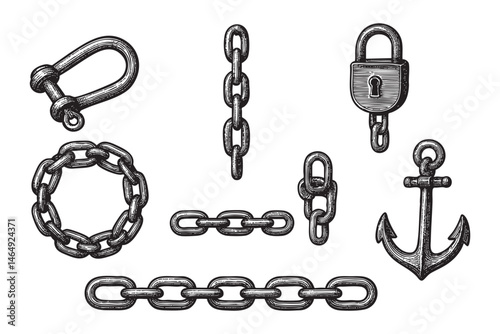 chain set woodcut engraving vector illustration