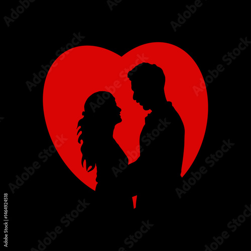 Silhouette of Couple Embracing in Front of Red Heart on Black Background