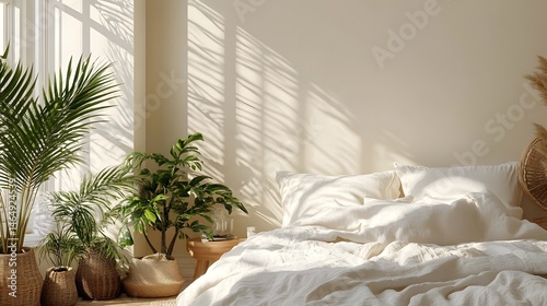 Sunlight streams into a bedroom filled with greenery and light.