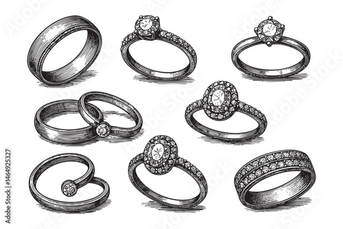 wedding rings set woodcut engraving vector illustration
