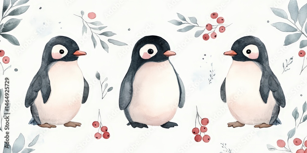 Fototapeta premium Whimsical watercolor pattern featuring penguins, berries, and leaves