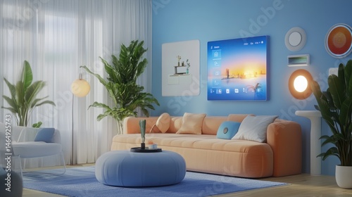 Modern living room interior with smart home technology and pastel colors