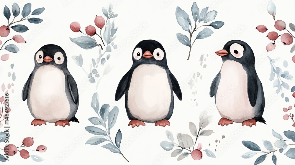 Obraz premium Whimsical watercolor pattern featuring penguins, berries, and leaves