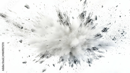 Dynamic monochrome explosion with dispersed particles on a bright background photo