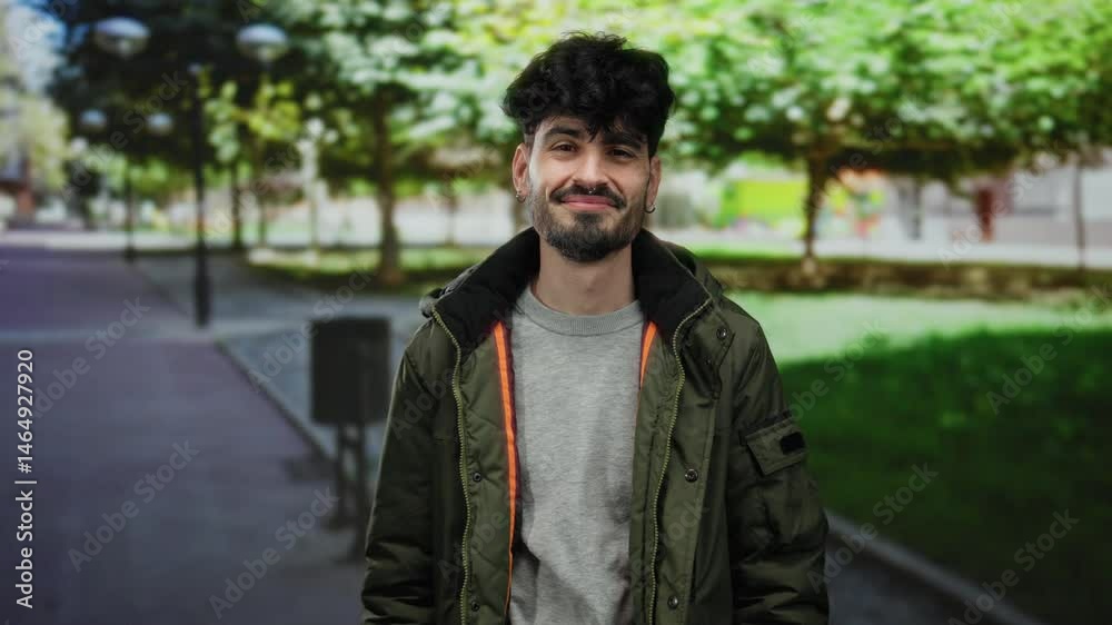 Young man smiling at park in outdoor setting, wearing casual jacket with trees and path in background, suggesting a relaxed and natural atmosphere.