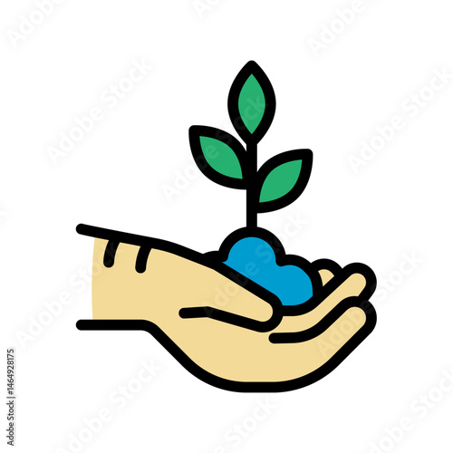 Icon of a hand holding a tree sapling. Symbol of environmental conservation, reforestation, green energy, modern agriculture, sustainability, and eco-friendly lifestyle. Flat vector design.
