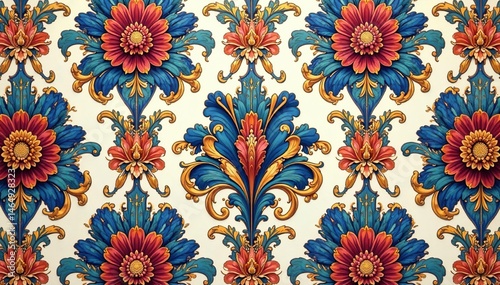 Intricate floral damask, elegant repeating pattern, retro, background, flower