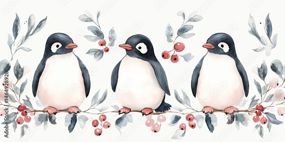 Obraz premium Whimsical watercolor pattern featuring penguins, berries, and leaves