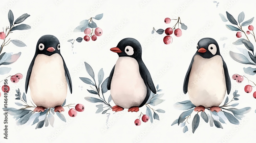 Naklejka premium Whimsical watercolor pattern featuring penguins, berries, and leaves