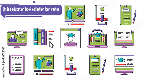  Online education book collection icon vector