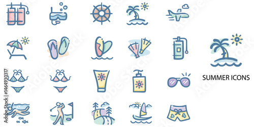 Summer simple concept 24 hand drawn color icons set. Contains such summer, beach, sun, suntan lotion, flip-flop, heat - temperature, starfish .Vector illustration.