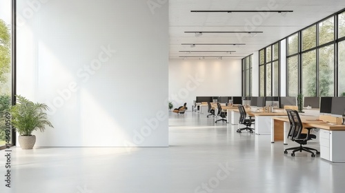 Fototapeta Naklejka Na Ścianę i Meble -  3D rendering of modern office with large windows, blank wall for artwork display, and minimalist furniture in open layout
