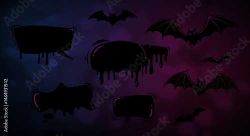 Pixel Art Bats and Dripping Speech Bubbles on Dark Purple and Blue Background