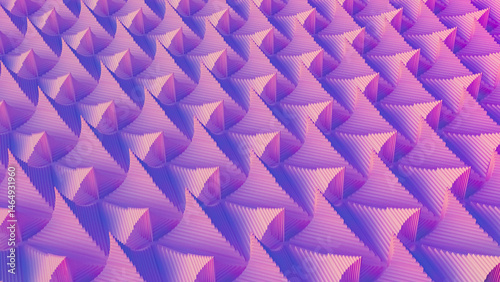 Geometric pattern of 3D pyramid-like shapes with purple and pink gradient hues, creating a mesmerizing optical illusion. The repetition and variation in shading adds depth and interest