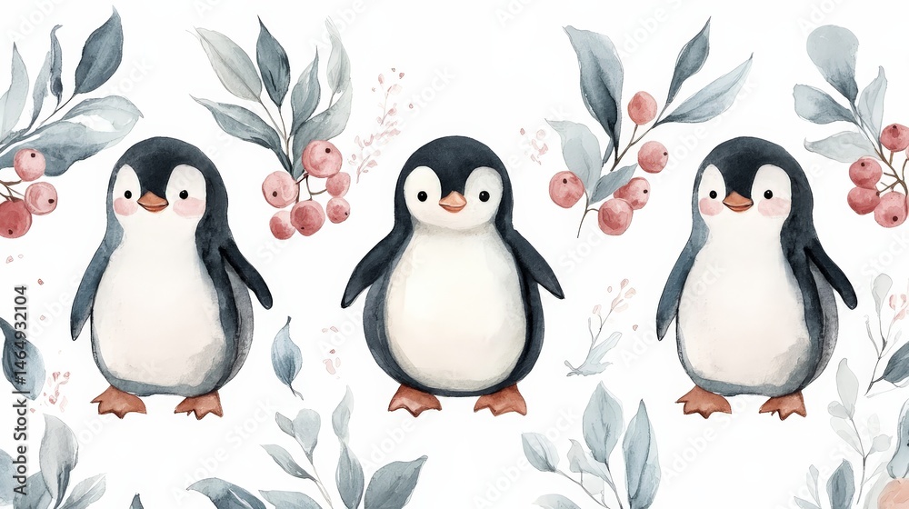 Naklejka premium Whimsical watercolor pattern featuring penguins, berries, and leaves