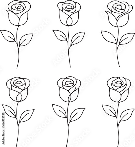 Set of Rose Icons in One Line Art Style