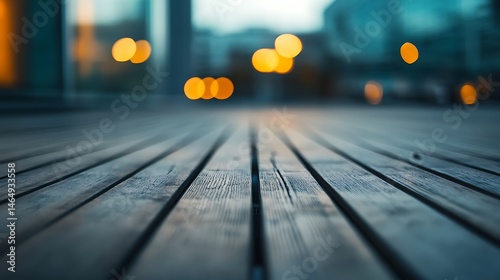 Wooden boardwalk with blurred city lights in background - perspective view