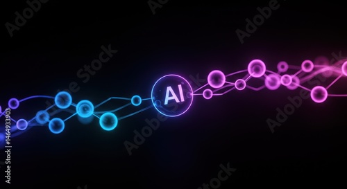 Artificial intelligence concept with glowing nodes and connections on a dark background.